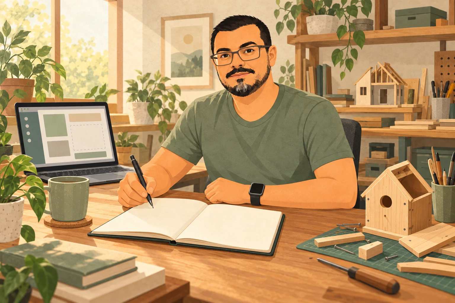 A man at a wooden desk holds a pen over a blank notebook page, surrounded by half-finished projects: a birdhouse, a model house and a laptop with an app in progress.