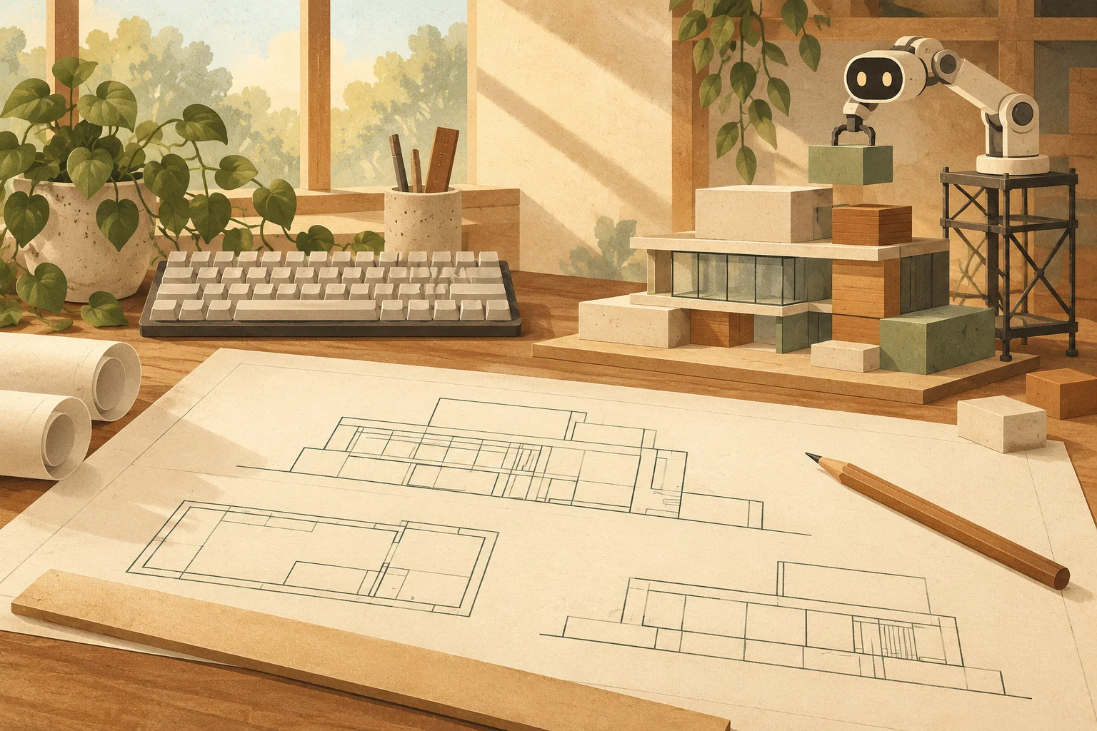 An architect's drafting table with a blueprint and pencil, a resting keyboard, and a little robot arm on a scaffold stacking blocks into a small building.