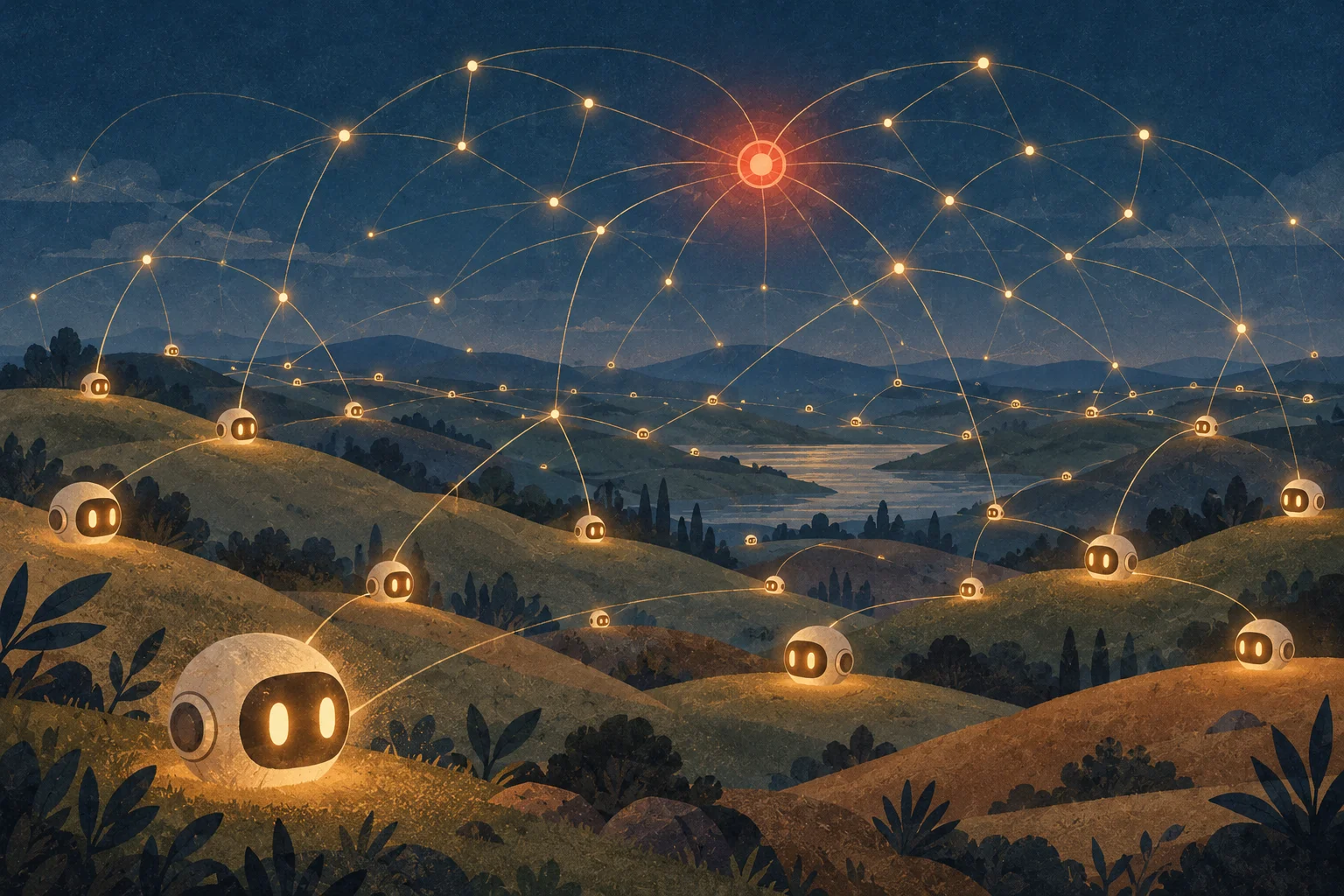 At twilight, small glowing robot-head lanterns on rolling hills are joined by thin luminous threads into a web across the sky, with one red glow at its center.