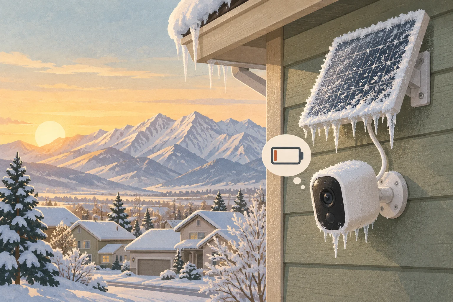 A security camera under a frost-covered solar panel with icicles on a snowy house wall, with a nearly empty battery icon and snowy mountains behind.