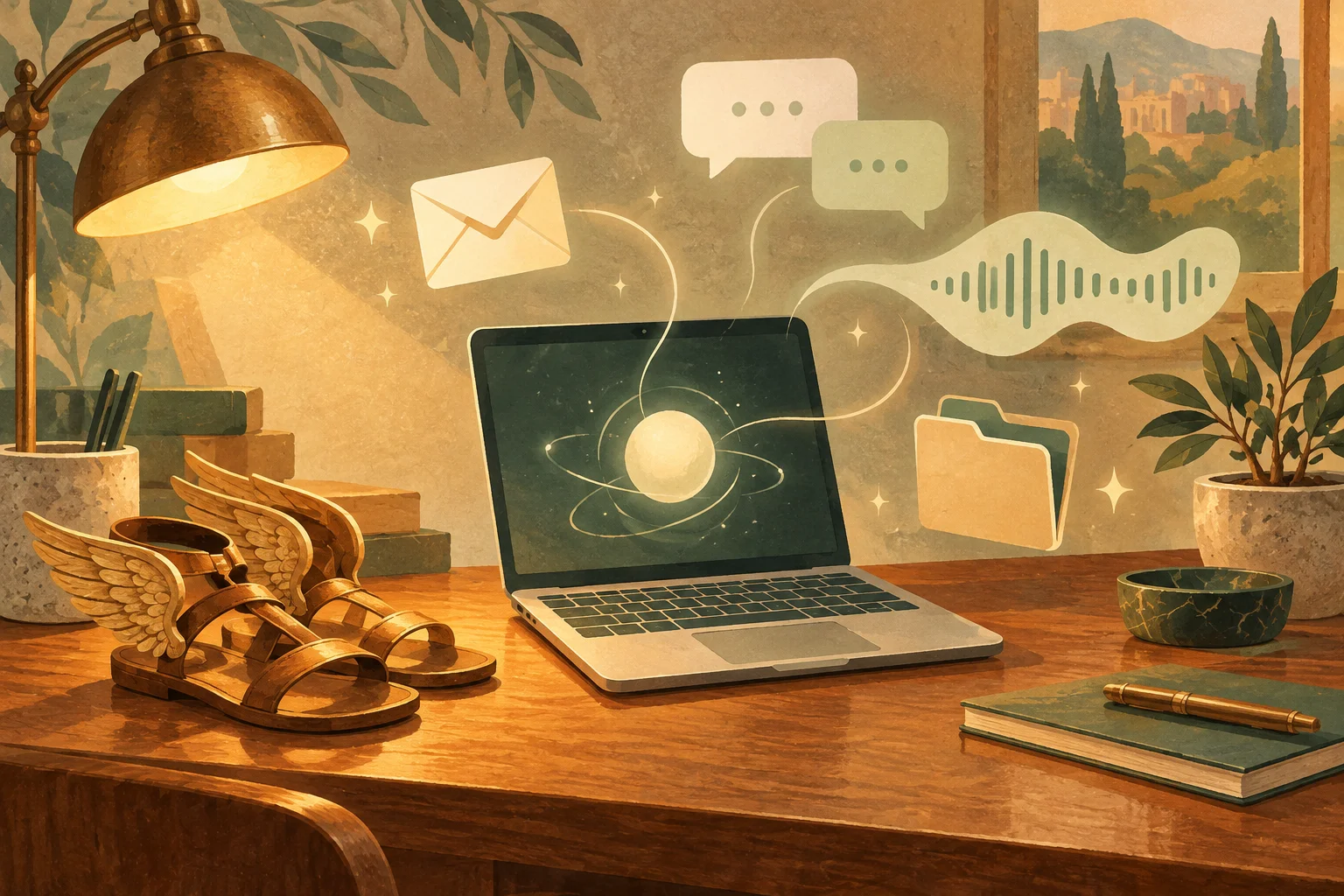 A small laptop on a lamp-lit desk beside winged sandals, with floating envelope, chat bubbles, a voice-message wave and a shared folder.
