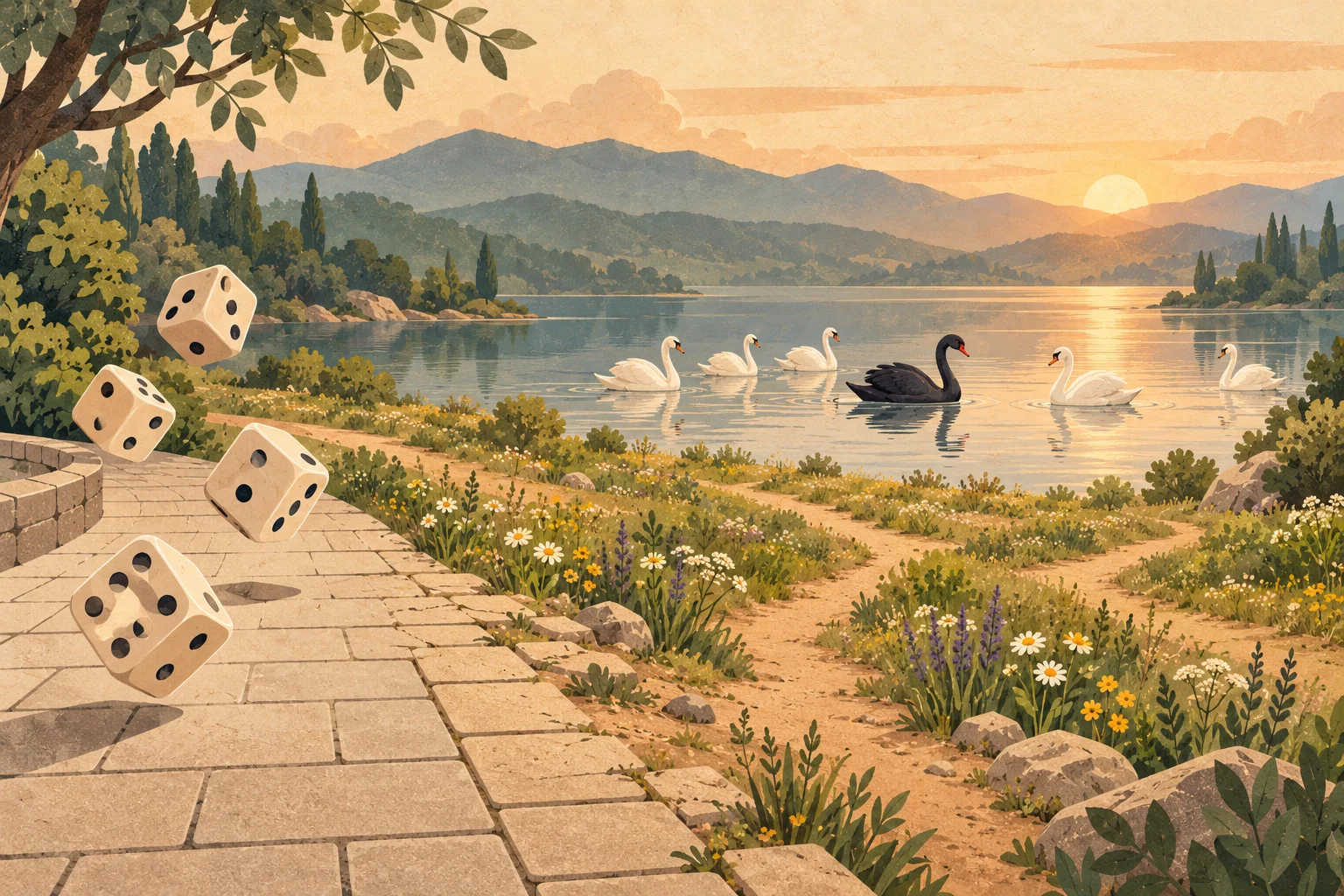 A black swan glides on a calm lake among white swans while dice tumble over an orderly paved path that opens onto a wild flowering meadow at sunrise.