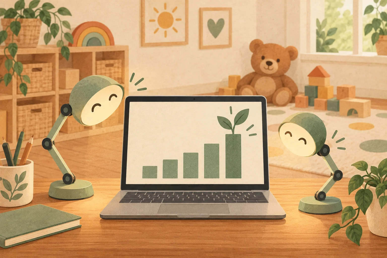 A laptop shows a bar chart whose tallest bar sprouts into a seedling, flanked by two friendly desk lamps, with a cozy daycare corner of toys and a teddy bear behind.