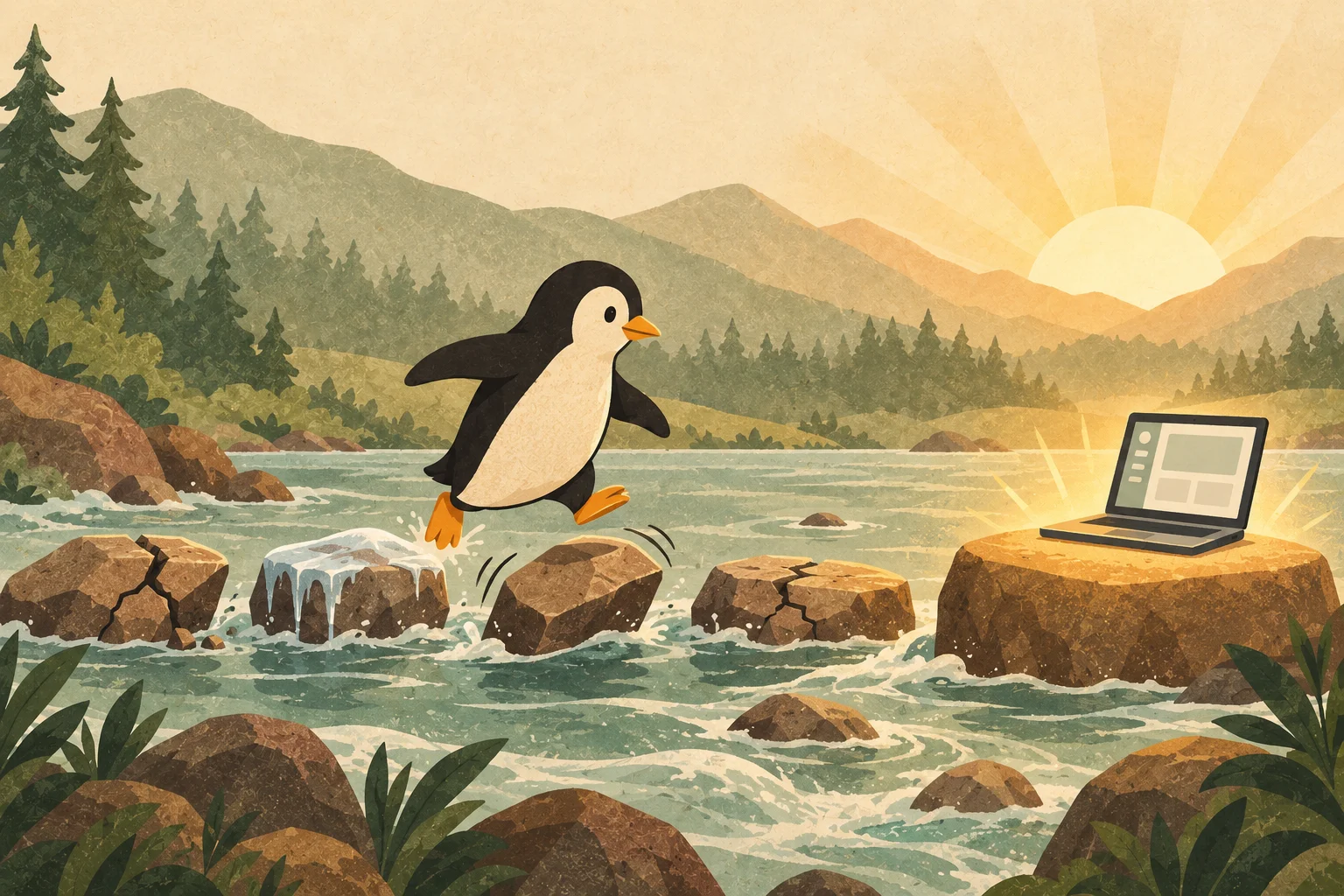 A penguin hops across stepping stones in a river, from cracked and frozen ones toward a solid, glowing stone holding a laptop, with the sun rising behind.
