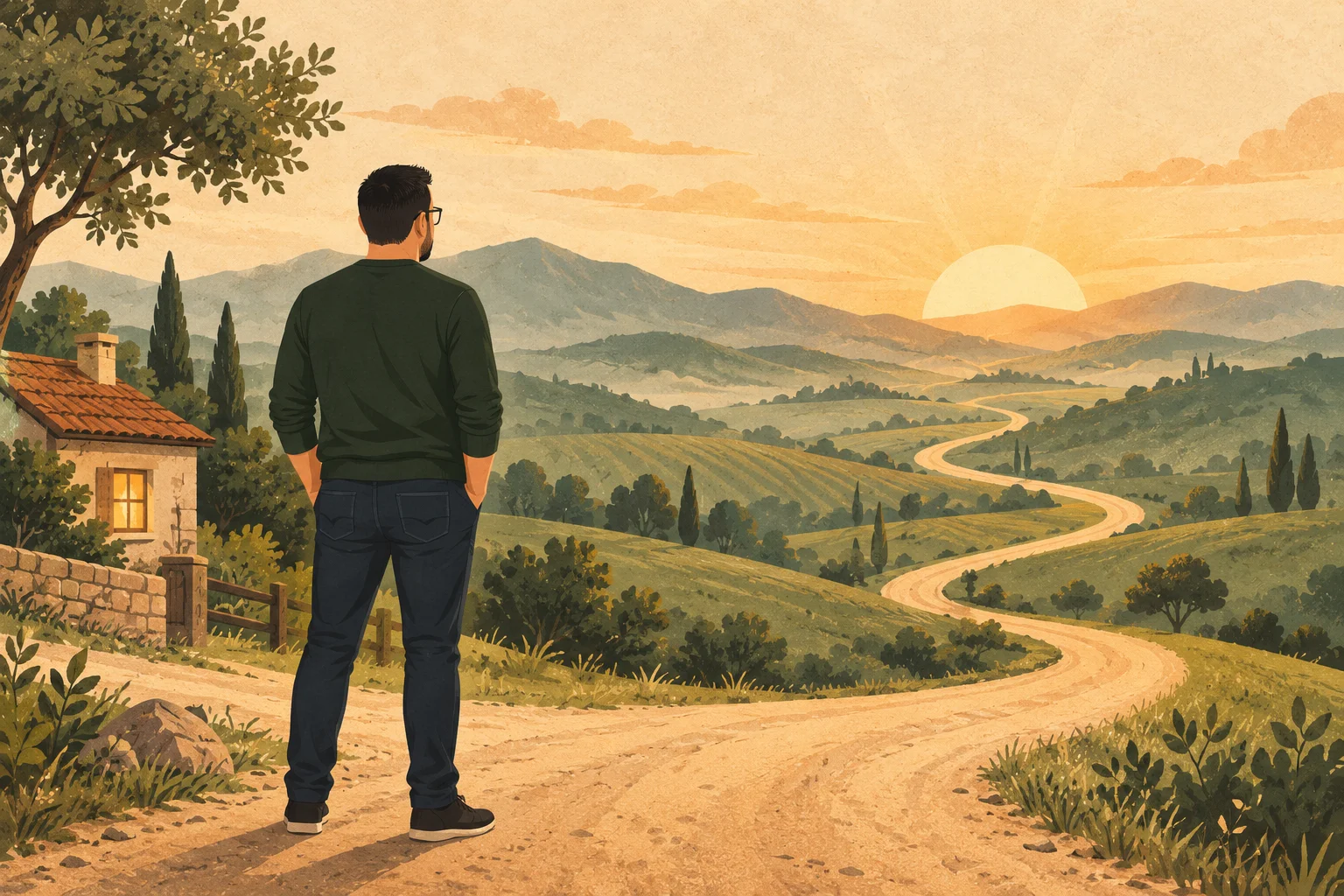 A man seen from behind stands at the start of a winding road at dawn, a small house with a lit window beside him and hills and a rising sun ahead.