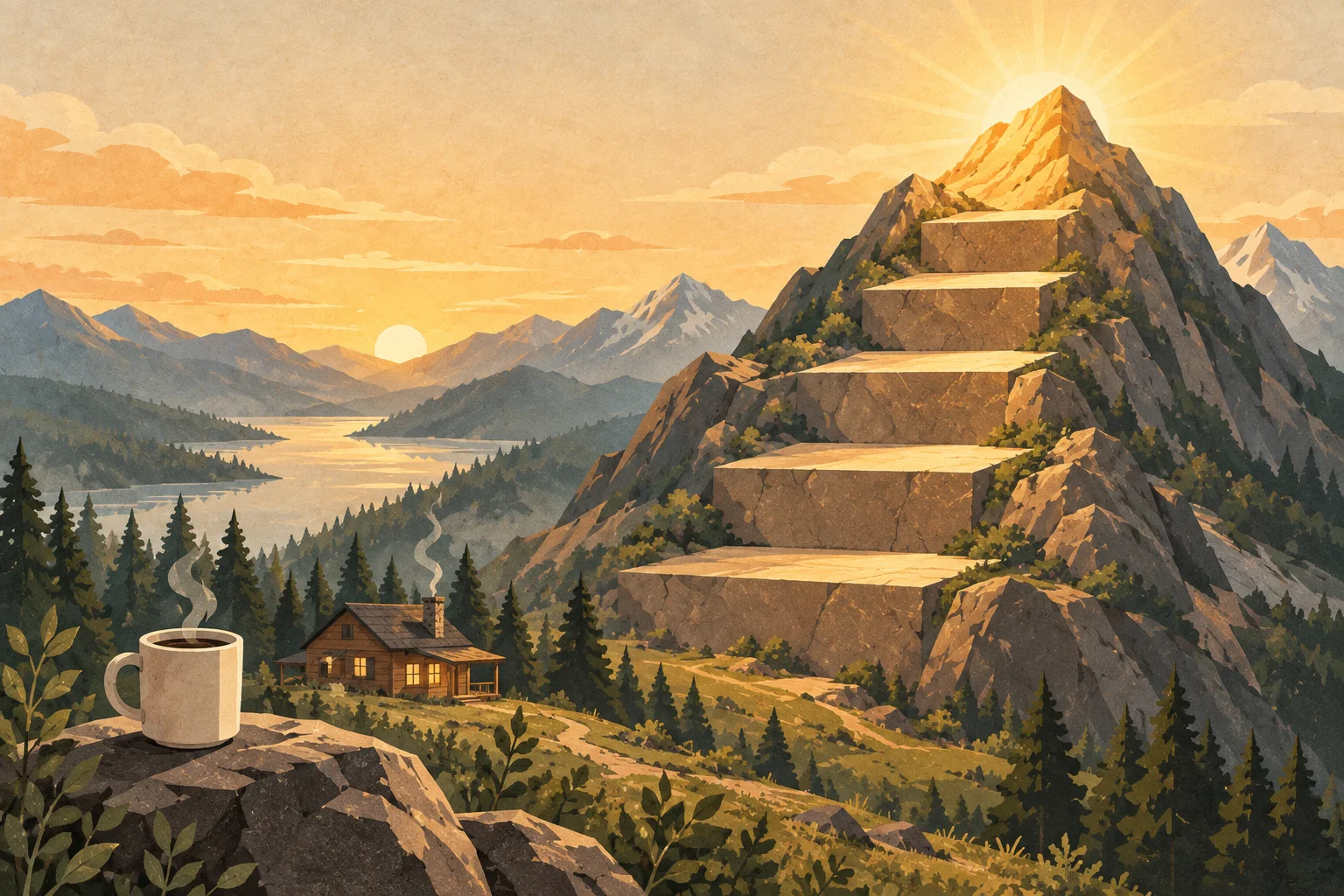 A mountain at golden hour with five broad steps carved up its slope toward a glowing summit, a small cabin below and a steaming coffee mug on a rock.