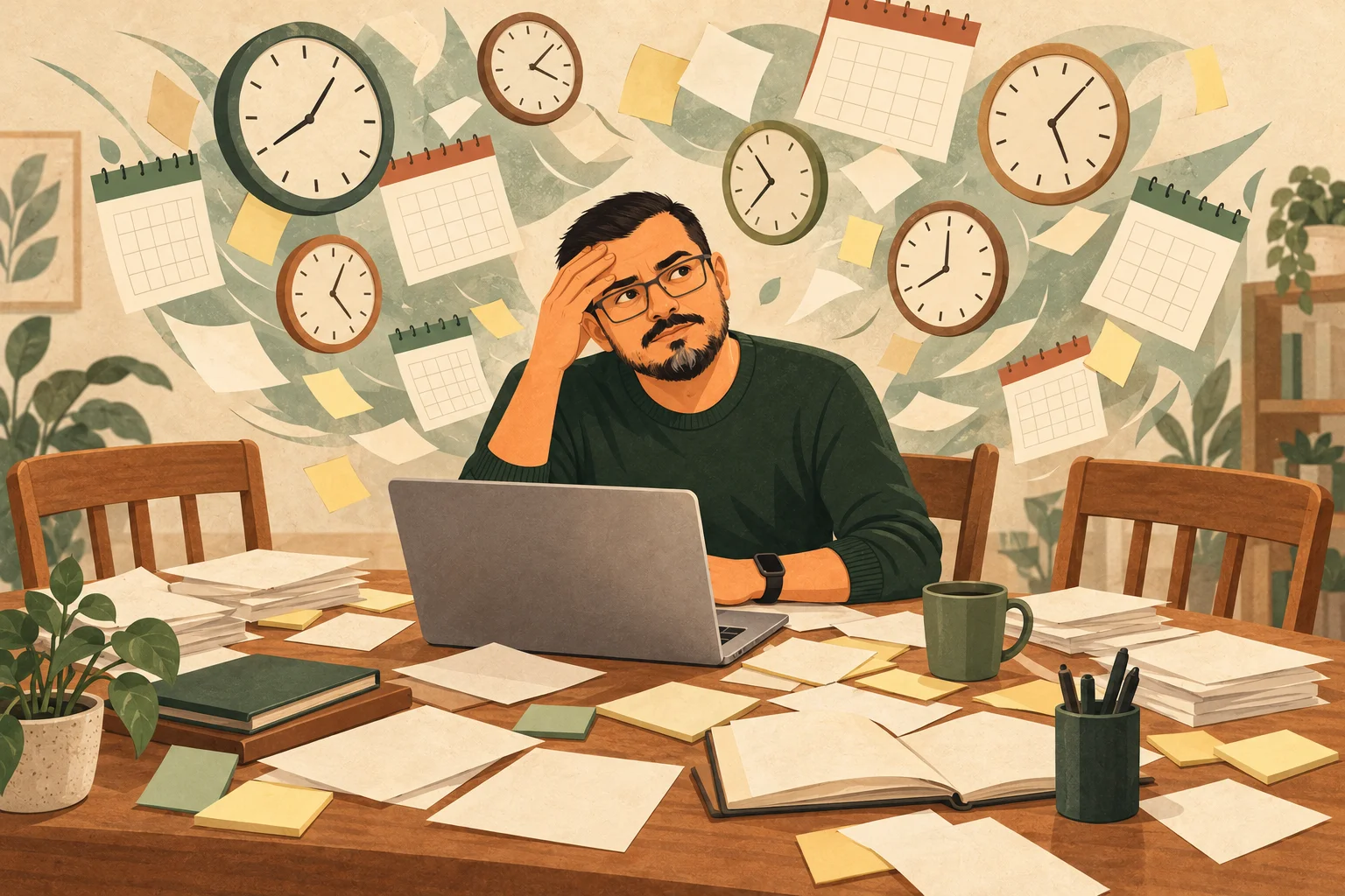 A man at a cluttered desk with a laptop holds his forehead while clocks, calendar pages and sticky notes swirl around him and two empty chairs sit beside him.