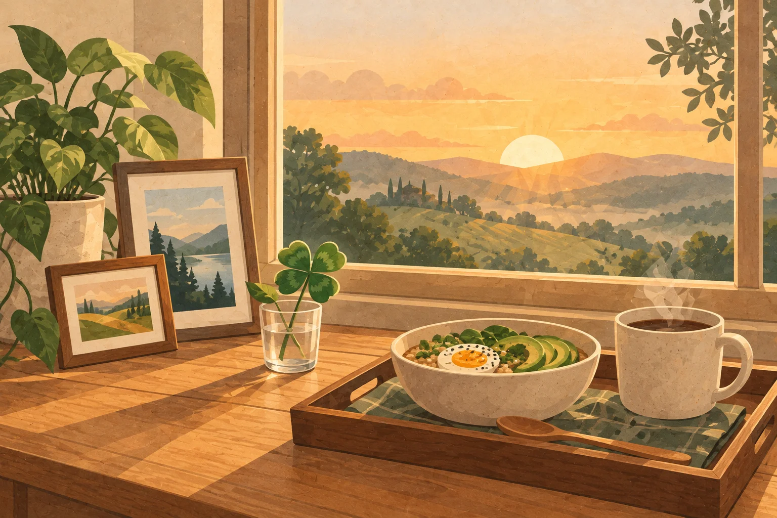 A morning tray with a warm meal and coffee on a wooden table by a sunrise window, with a four-leaf clover in a glass and framed landscape pictures.