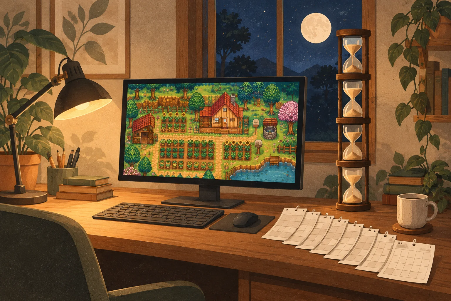 A monitor at night shows a tidy pixel-art farm beside a tall stack of hourglasses and a row of calendar pages, with a desk lamp glowing and a moon in the window.