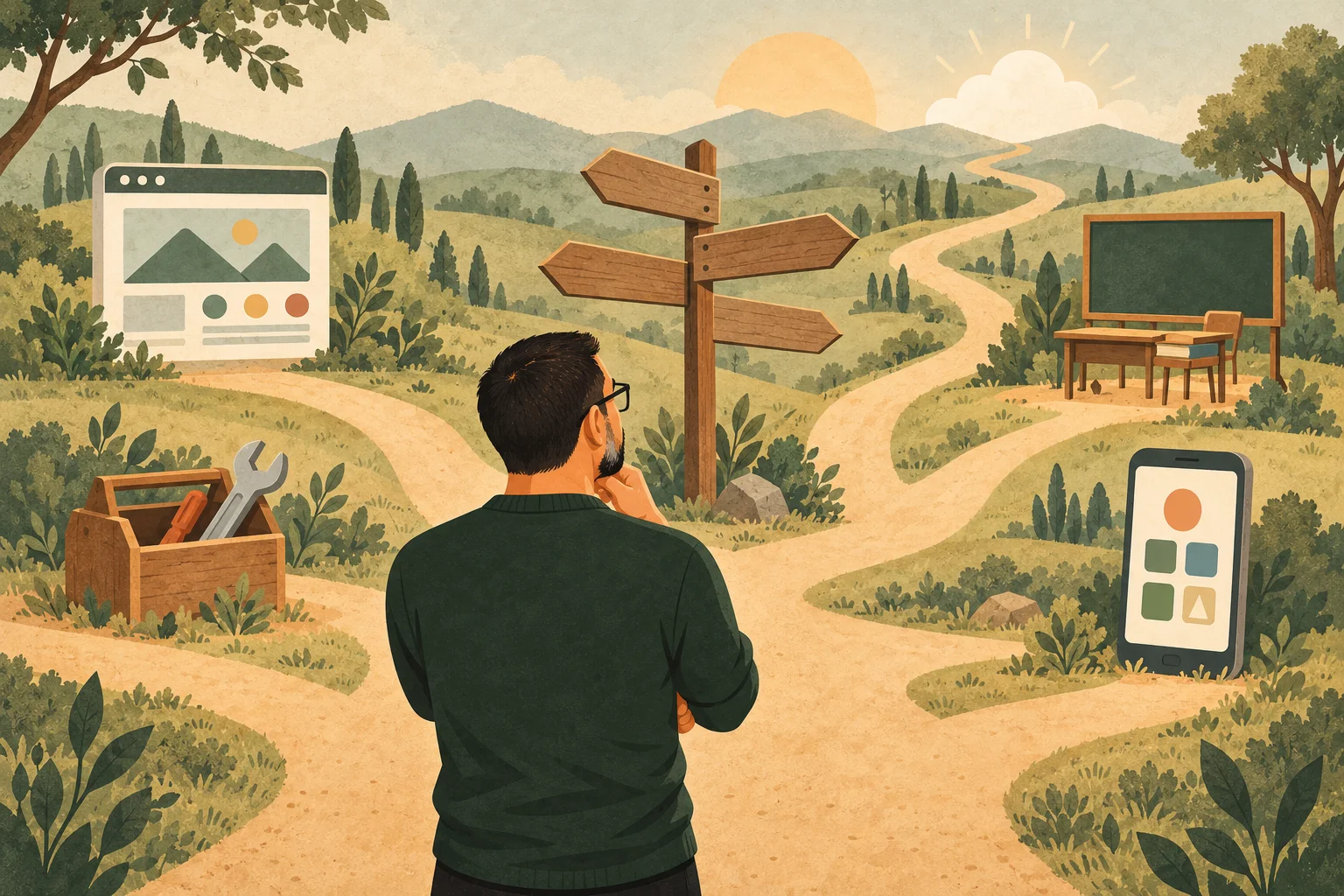 A man seen from behind ponders a signpost at a crossroads whose paths lead to a website, a toolbox, a classroom and a phone app.