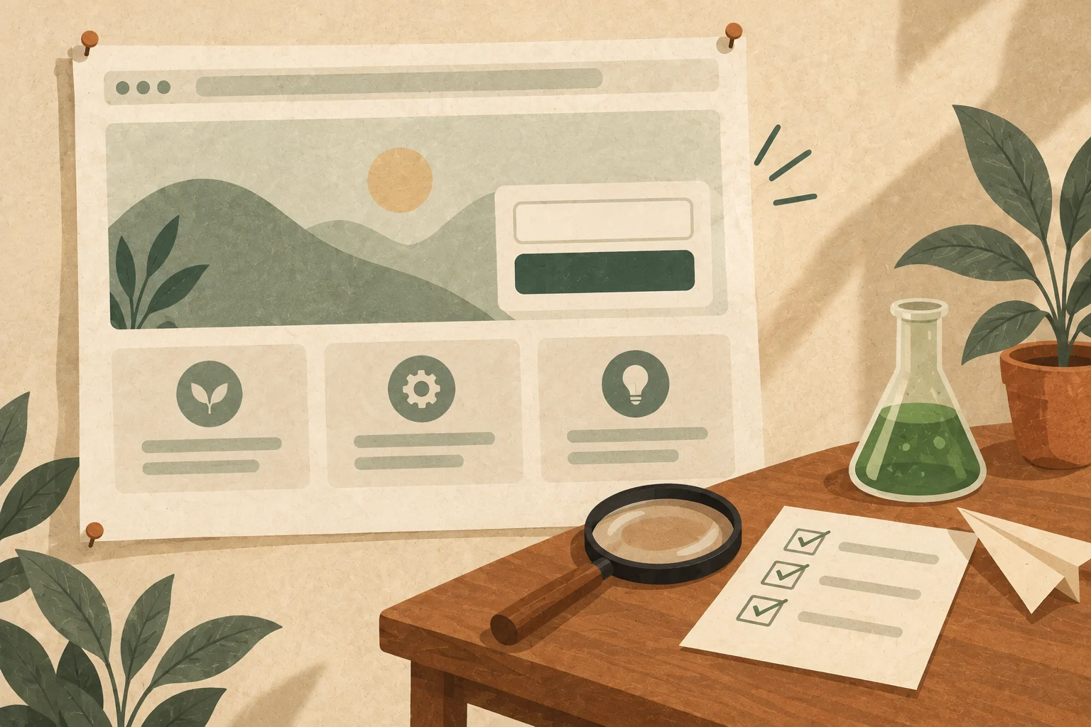 A paper landing-page prototype is pinned to a wall beside a small table with a magnifying glass, a green flask, a checked checklist and a paper airplane.