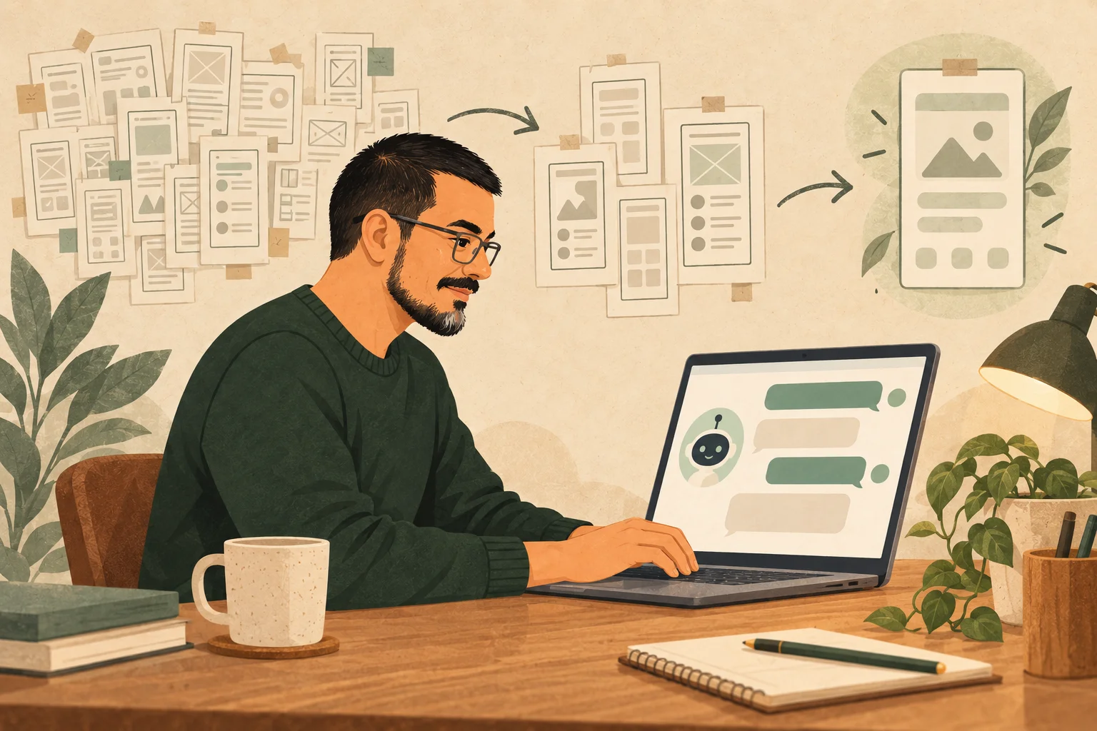 A man types at a laptop showing a chat conversation while app screen sketches on the wall shrink from a crowded plan to one simple screen.