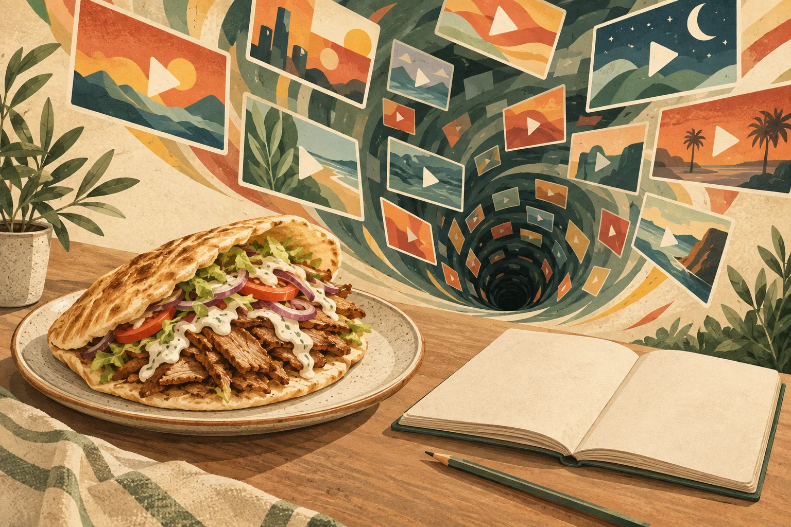 A doner kebab on a plate sits in front of a swirling tunnel of colorful video thumbnails, with a plain notebook and pencil beside it.