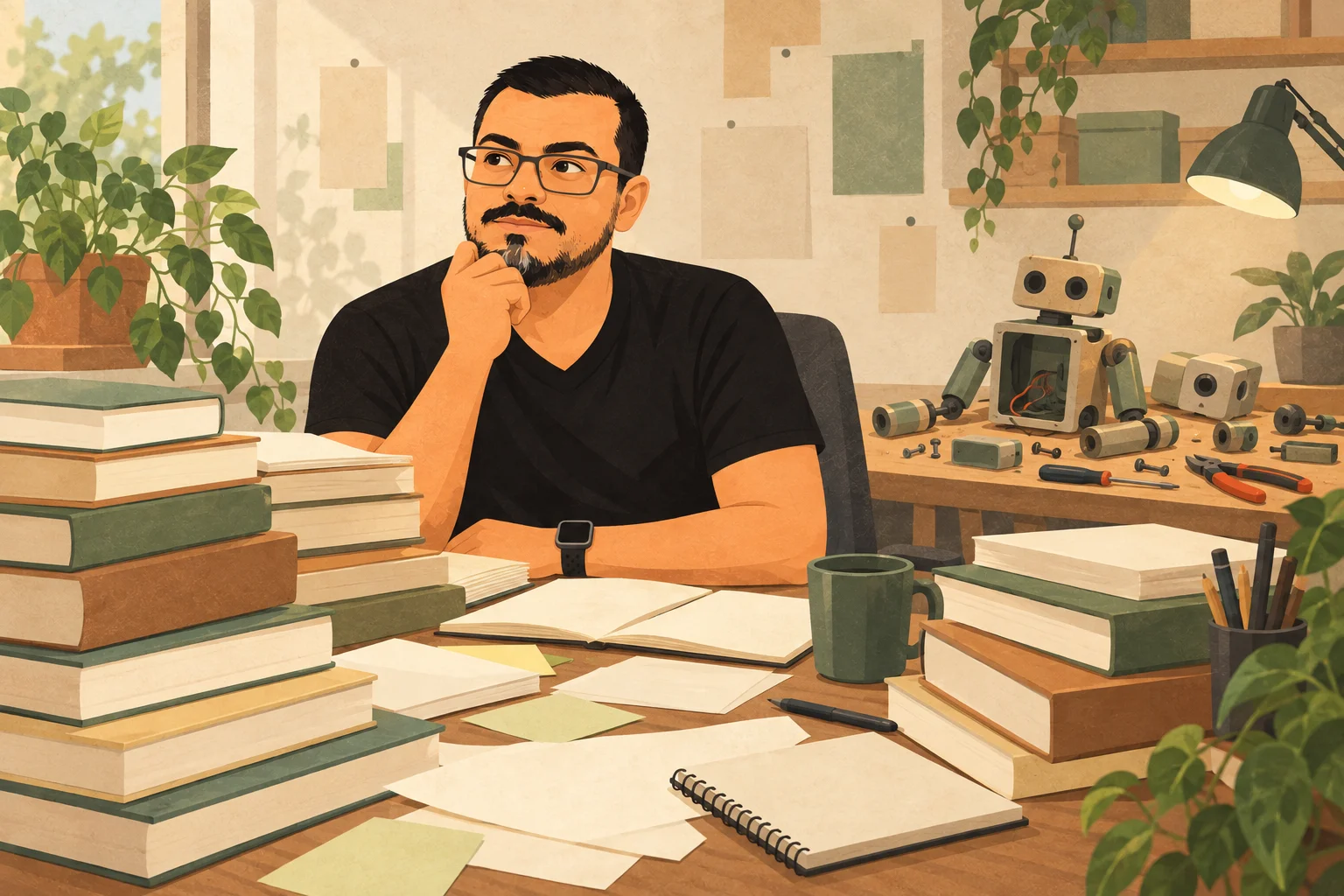 A man rests his chin on his hand behind stacks of books and notes, while an unfinished toy robot and tools sit untouched on a workbench behind him.