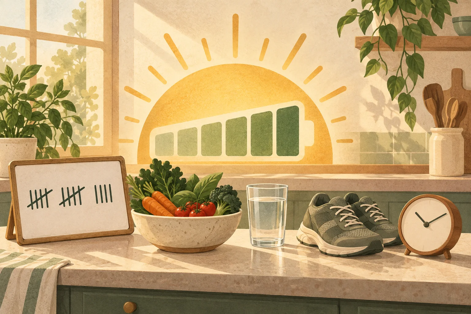 A battery shaped like a rising sun charges above a kitchen counter with a tally-mark board, a bowl of vegetables, a glass of water, running shoes and a clock.