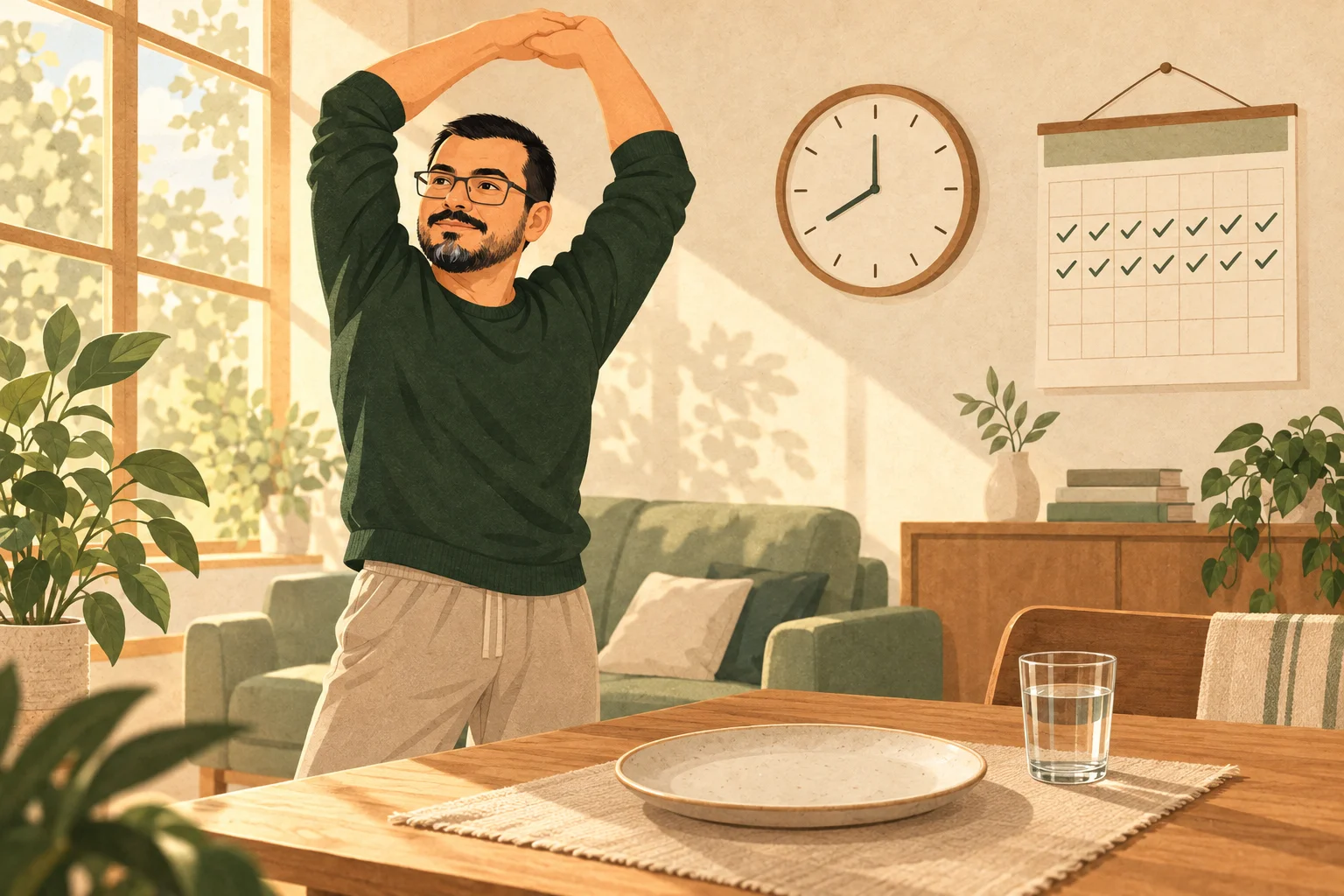 A man does a morning stretch in a sunlit living room, with an empty plate and a glass of water on the table, a wall clock and a calendar of checked-off days.