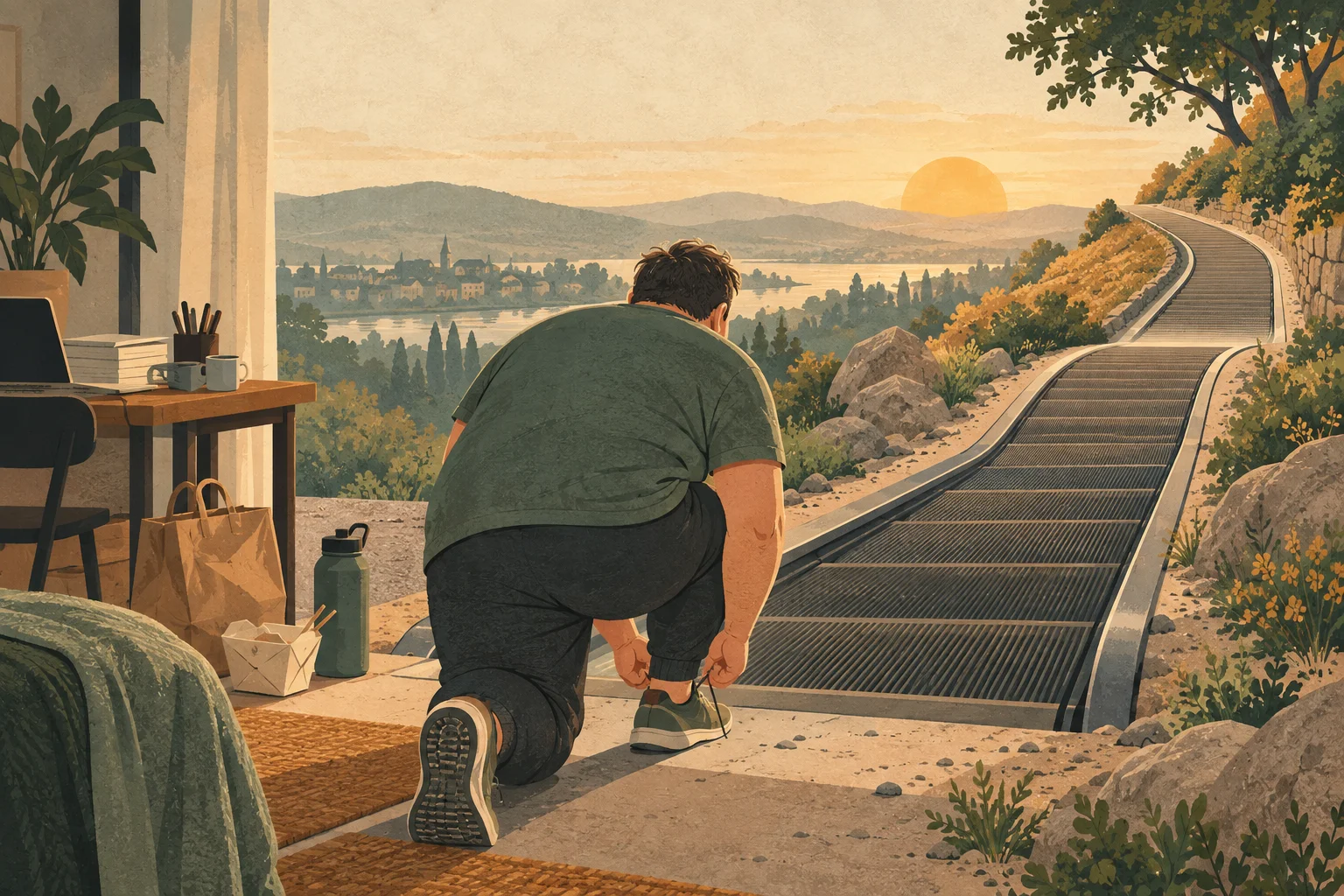 A man seen from behind ties his walking shoes beside a path that quietly behaves like a downward escalator, with a desk, takeout bag and glass of water nearby.