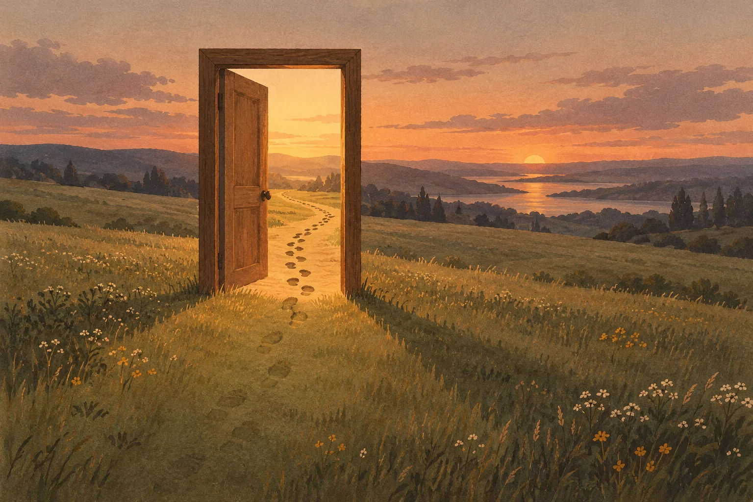 A freestanding wooden door stands ajar in a meadow at sunset, with footprints already pressed into the grass leading through it toward a distant lake and hills.