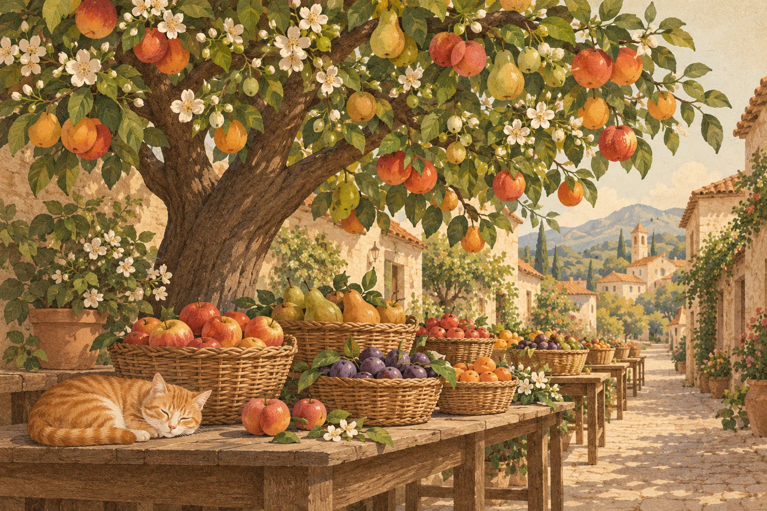A fruit tree heavy with blossoms and fruit shades a long table of full baskets, with a sleeping orange tabby cat and more tables of baskets stretching down a village lane.